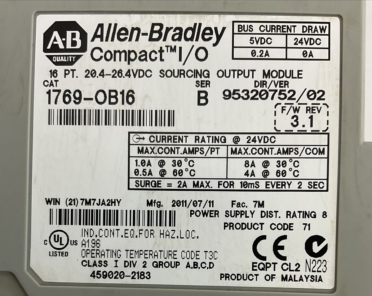 ALLEN BRADLEY 1769-OB16 SER B F/W REV 3.1 DIR/VER 95320752/02 16PT 20.4-26.4VDC