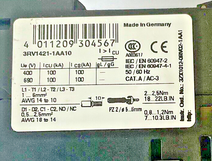 SIEMENS 3RV1421-1AA10 MOTOR CONTROL 3RV1901-1E 33A 480V***LOTOF2***