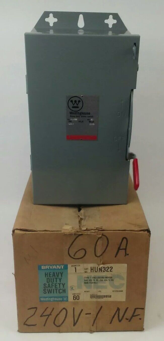 WESTINGHOUSE HUN322 NON FUSIBLE SAFETY SWITCH 3P, 60A, 240V, TYPE 1 INDOOR, 15HP