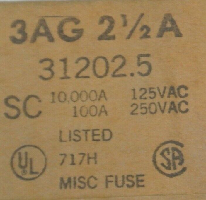 SEALED BOX of 2,000 LITTELFUSE / TRACOR 3AG 2-1/2A FUSE / 31202.5 / 10A @ 250VAC