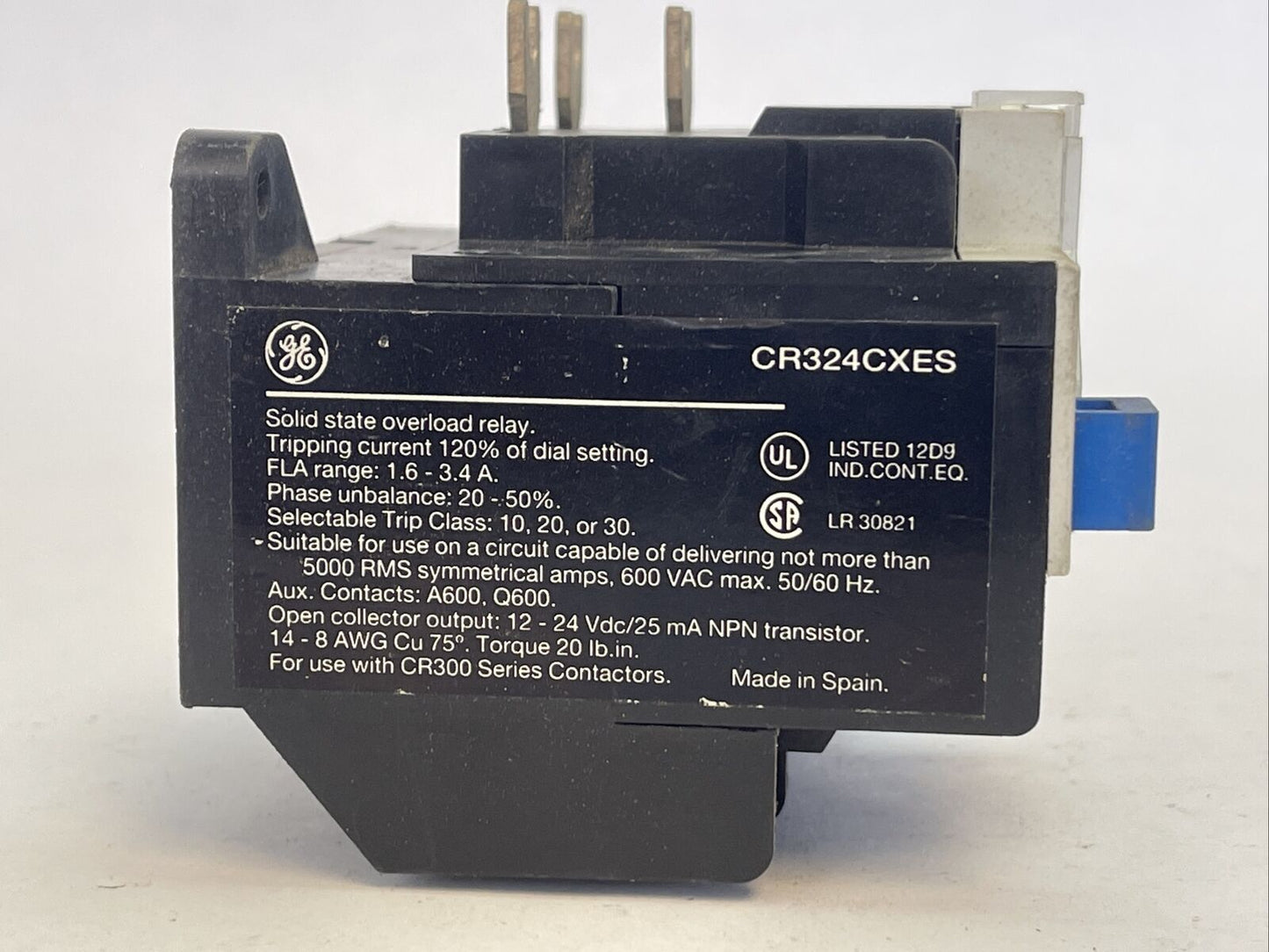 GE CR324CXES SOLID STATE OVERLOAD RELAY 600VAC 1.6-3.4A PHASE UNBALANCE 20-50