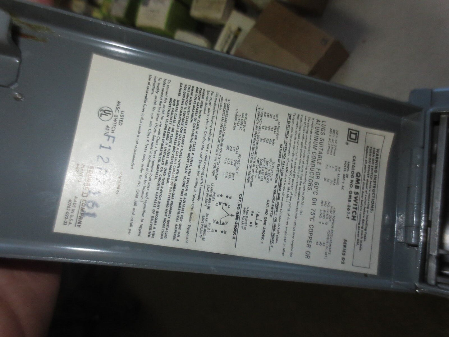 SQUARE D QMB-361-T TWIN FUSIBLE QMB SWITCH - 30A, 600V, 3-POLE - NEW SURPLUS