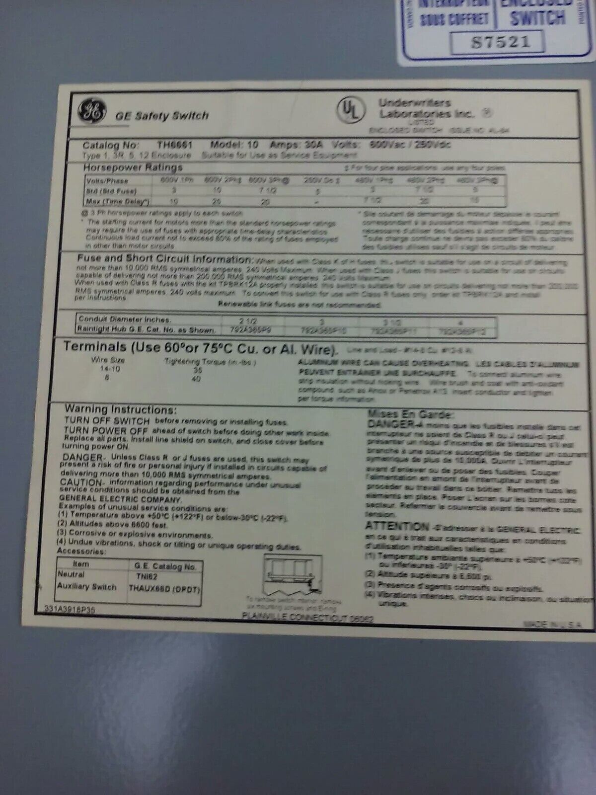 GE TH6661, MOD 10, Safety Switch, 30A, 600VAC/250DC, MAX H.P. 20, TYPE1-3R-5-12