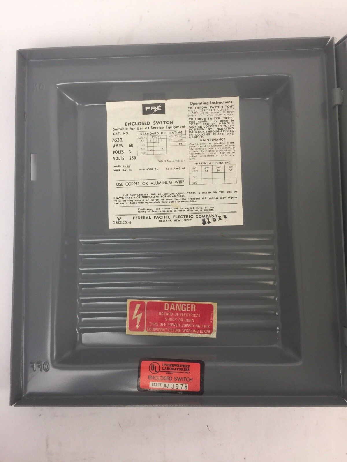 FPE 7632 TYPE LD SAFETY SWITCH 60AMP 250VDC 240VAC 3 POLE 10-15HP
