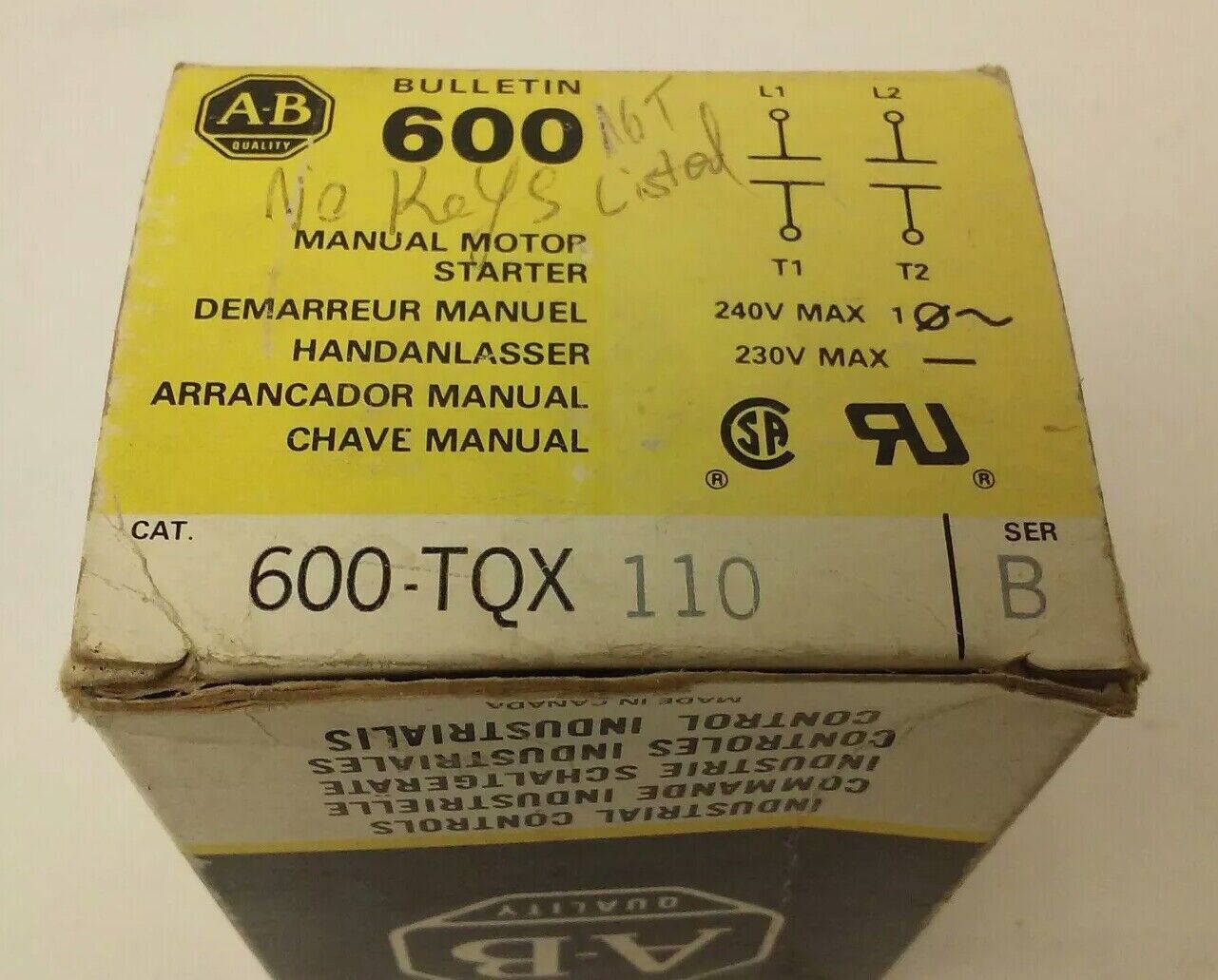 ALLEN BRADELY 600-TQX110 SER.B, MANUAL MOTOR STARTER 240V, NO KEY