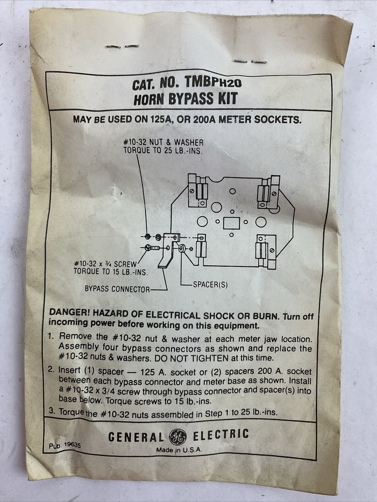GE TMBPH20 HORN BYPASS KIT MAY BE USED ON 125A OR 200A METER SOCKETS