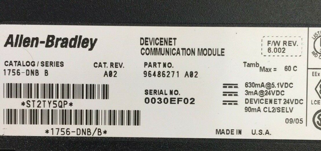 ALLEN BRADLEY 1756-DNB DEVICENET COMMUNICATION MODULE SER B CAT REV A02 F/W REV