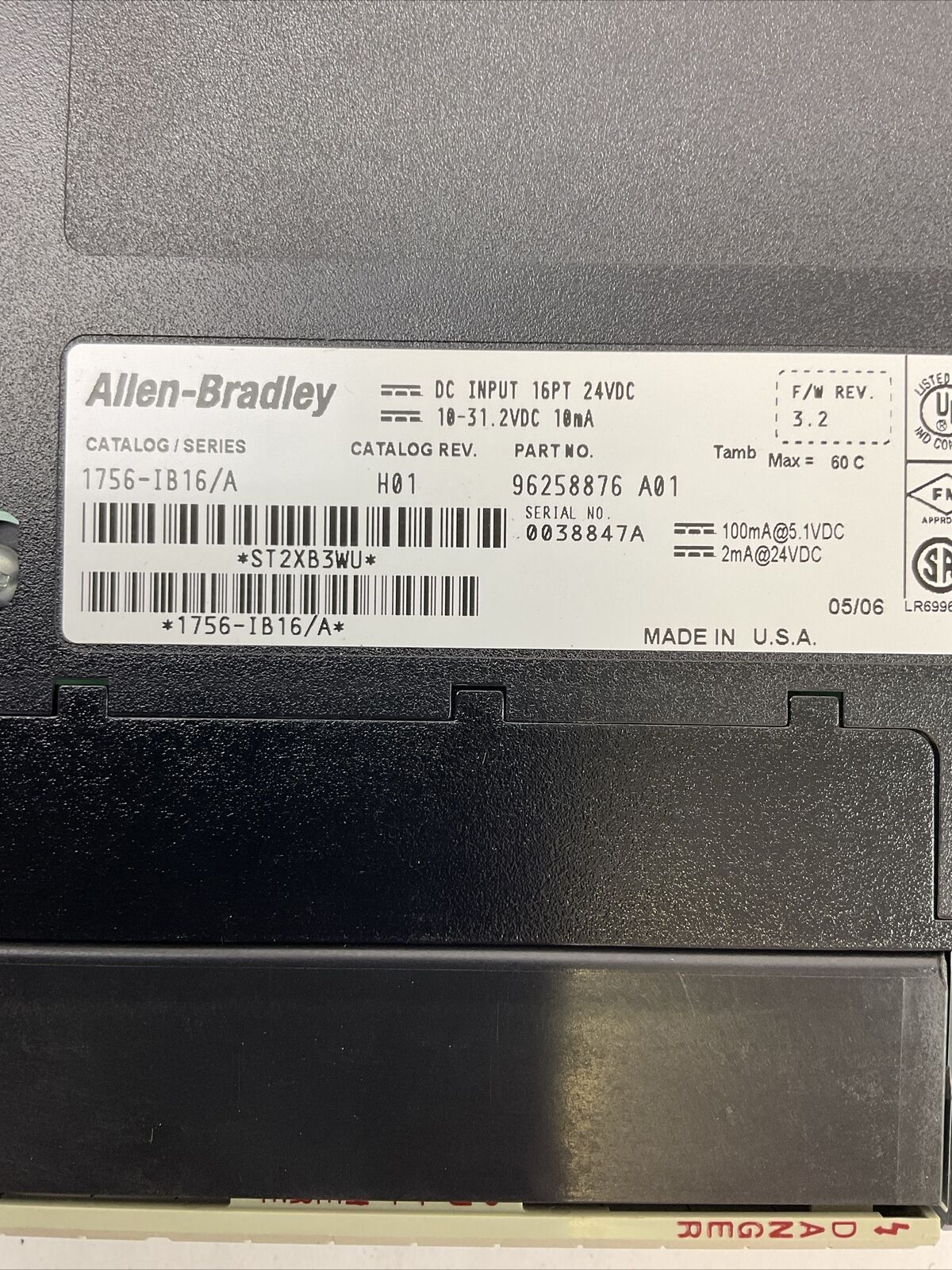ALLEN BRADLEY 1756-IB16 SER A CAT REV H01 F/W REV 3.2 DC INPUT 16PT 24VDC