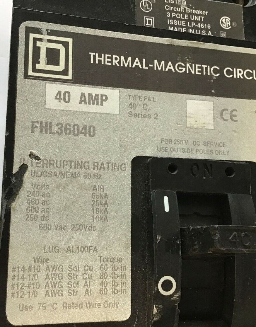 SQUARE D FHL36040 CIRCUIT BREAKER 40A 600VAC 250VDC