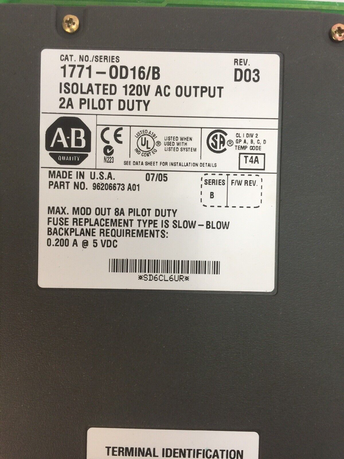 ALLEN BRADLEY 1771-0D16/B 120VAC OUTPUT 2A PILOT DUTY REV D03