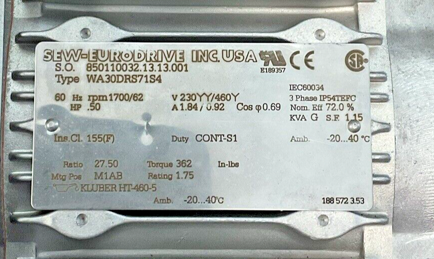 SEW-EURODRIVE WA30DRS71S4 GEAR MOTOR 1700/62RPM DUTY:CONT-S1 HP .50 RATIO 27.50