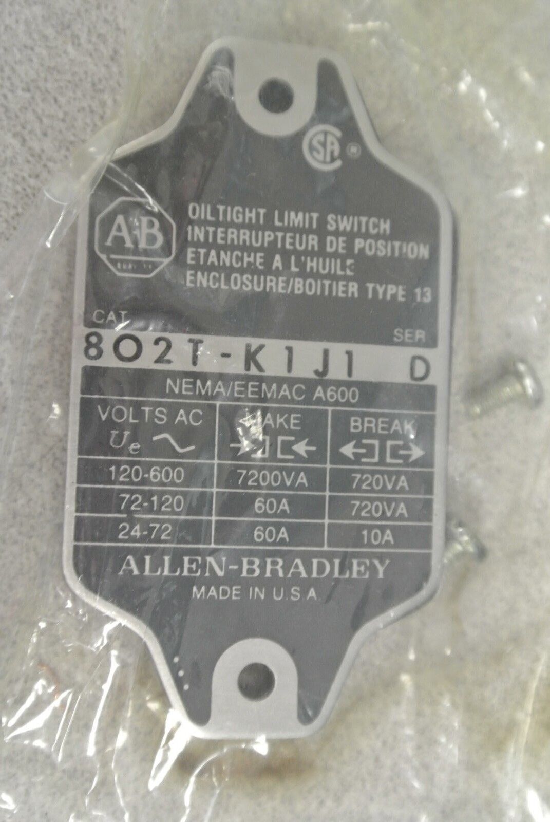 ALLEN-BRADLEY 802T-K1J1 OILTIGHT LIMIT SWITCH Ser. D / NON-PLUG-IN / NEW SURPLUS