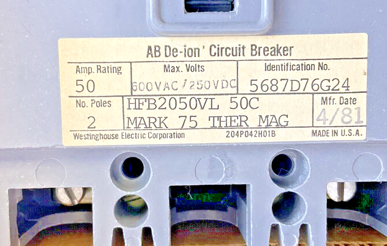 WESTINGHOUSE HFB2050VL CIRCUIT BREAKER 50A 2POLE 600VAC 250VDC