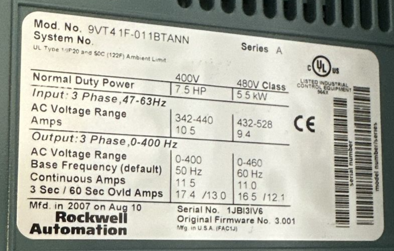 ROCKWELL AUTOMATION VTAC 9 HVAC DRIVE 9V741HRNB30 S7-642A-V9-10 460VAC 7.5HP 3PH