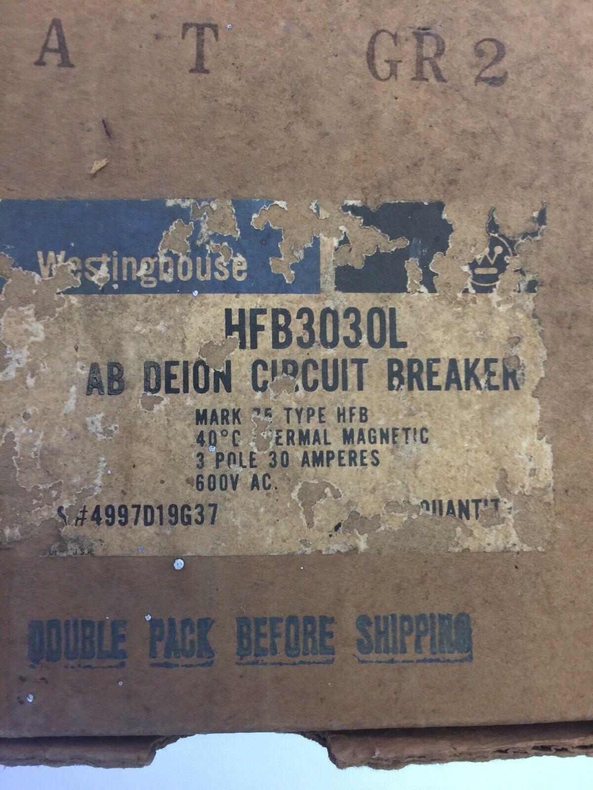 WESTINGHOUSE HFB3030L AB DE-ION CIRCUIT BREAKER 30AMP 600VAC 3P 4997D19G37