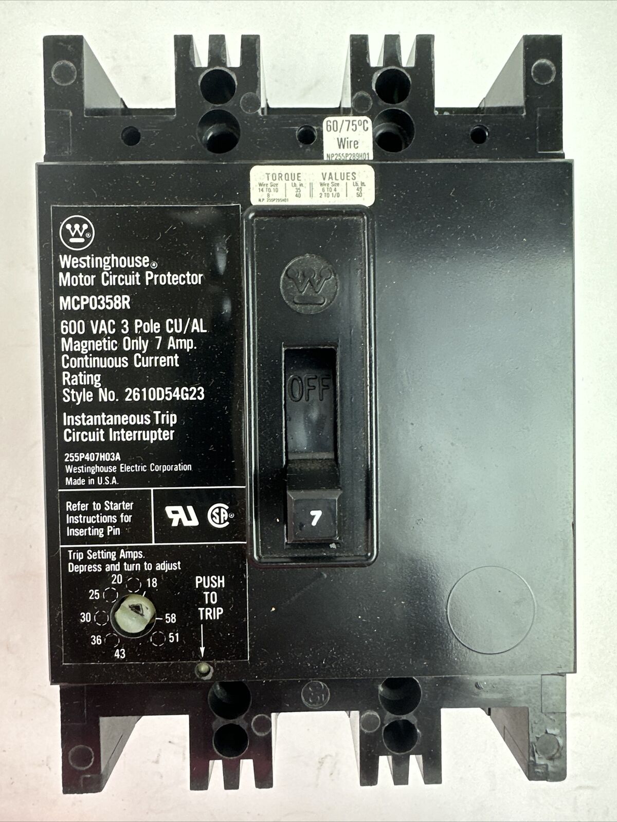 WESTINGHOUSE MCP0358R MOTOR CIRCUIT PROTECTOR 3P 7A 600VAC TRIP RANGE 18-58