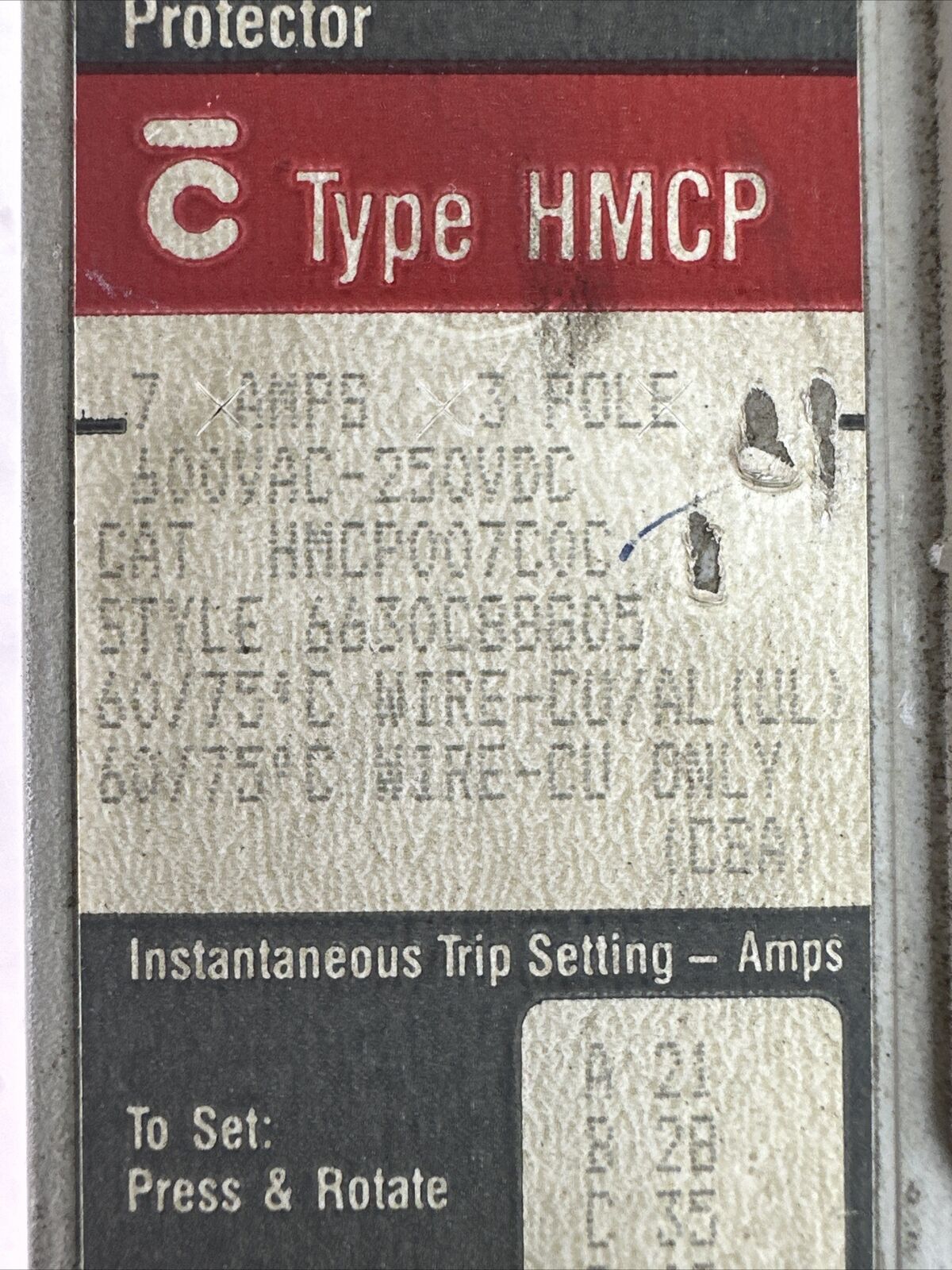 WESTINGHOUSE HMCP007C0C SER C 3P 7AMP 600VAC 250VDC 6630C88G05 MOTOR CIRCUIT