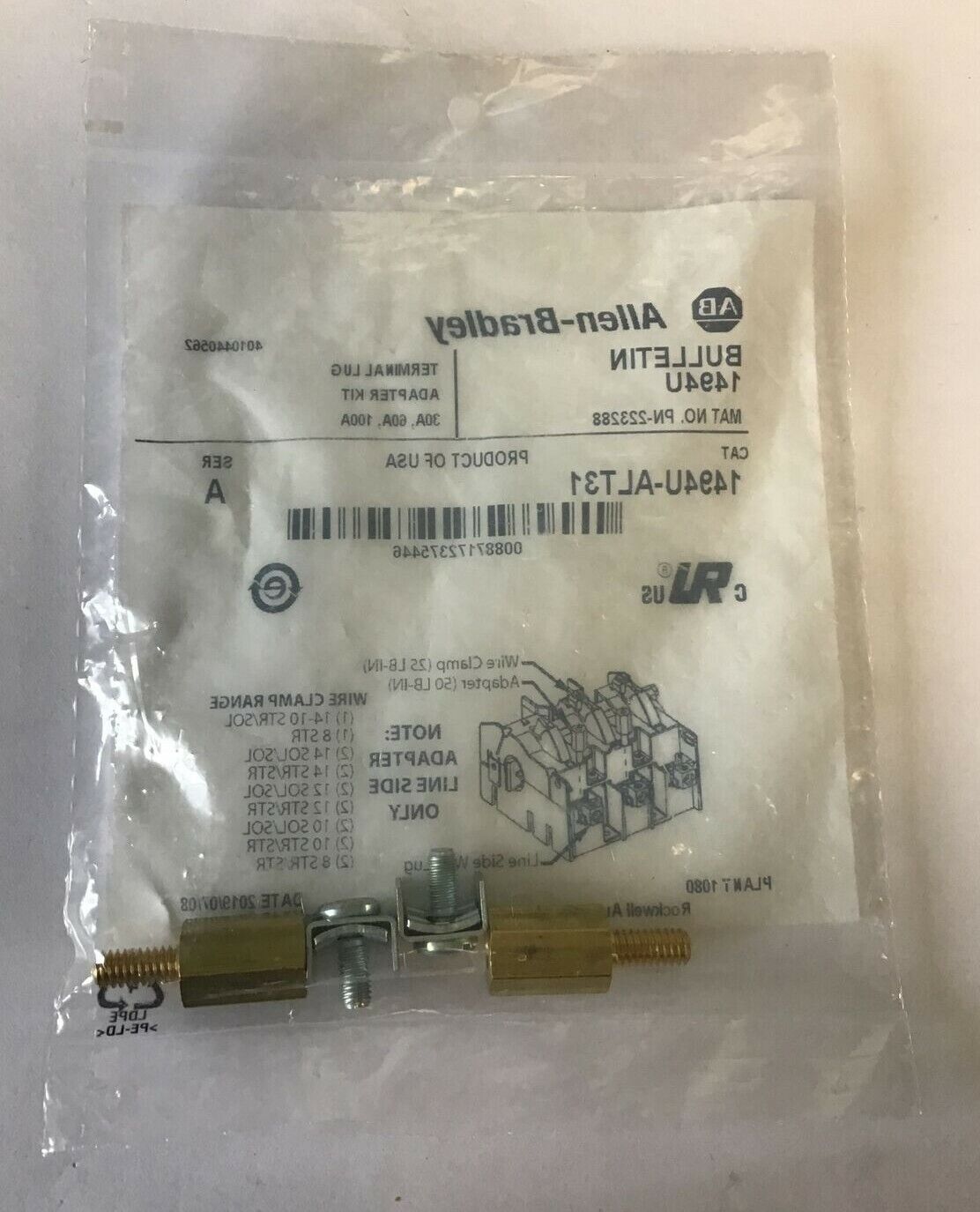 ALLEN BRADLEY 1494U-ALT31 TERMINAL LUG ADAPTER KIT SER.A 30,60,100AMP