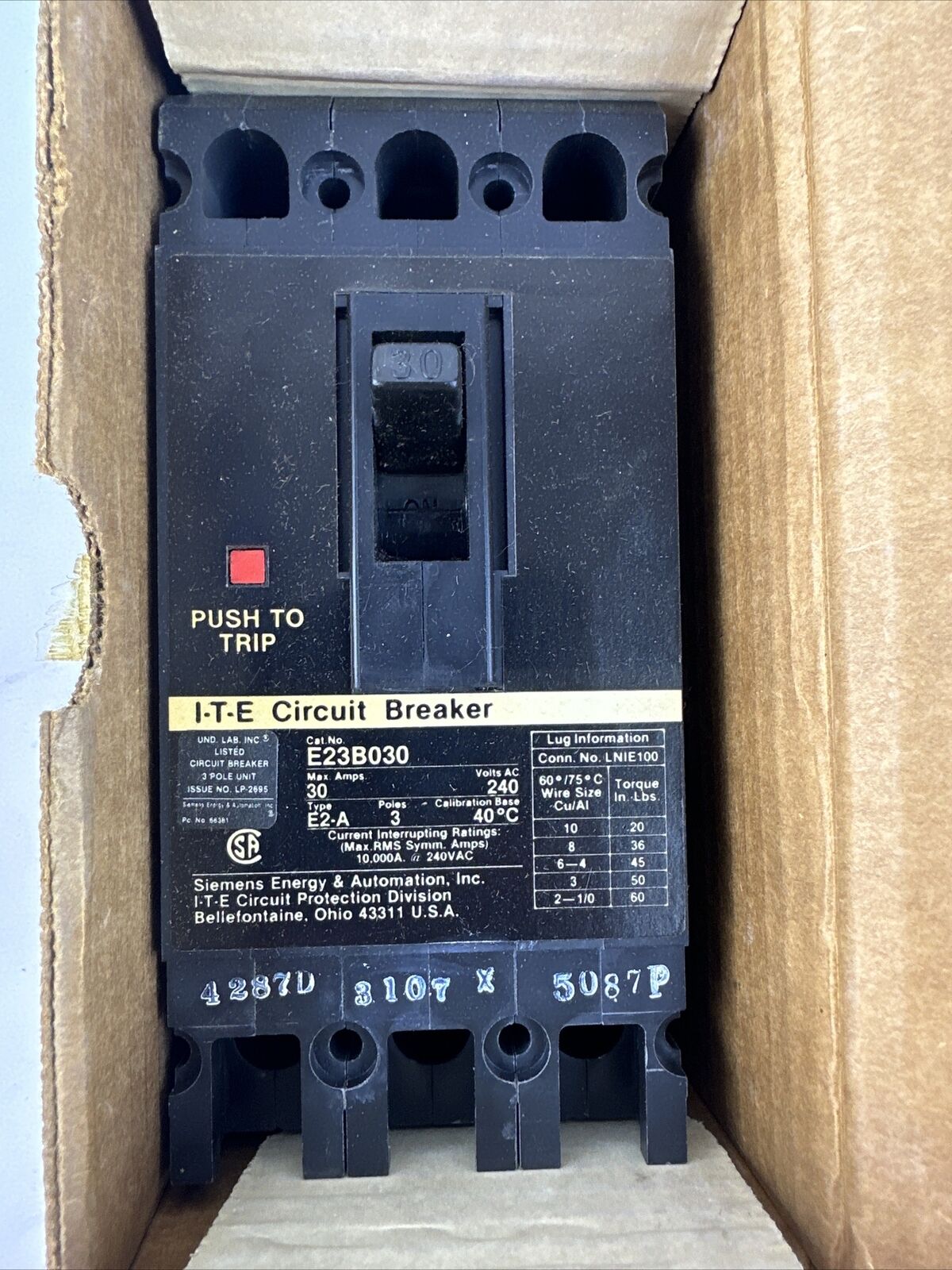 SIEMENS ITE E23B030 MOLDED CASE CIRCUIT BREAKER 30A 3P 240VAC