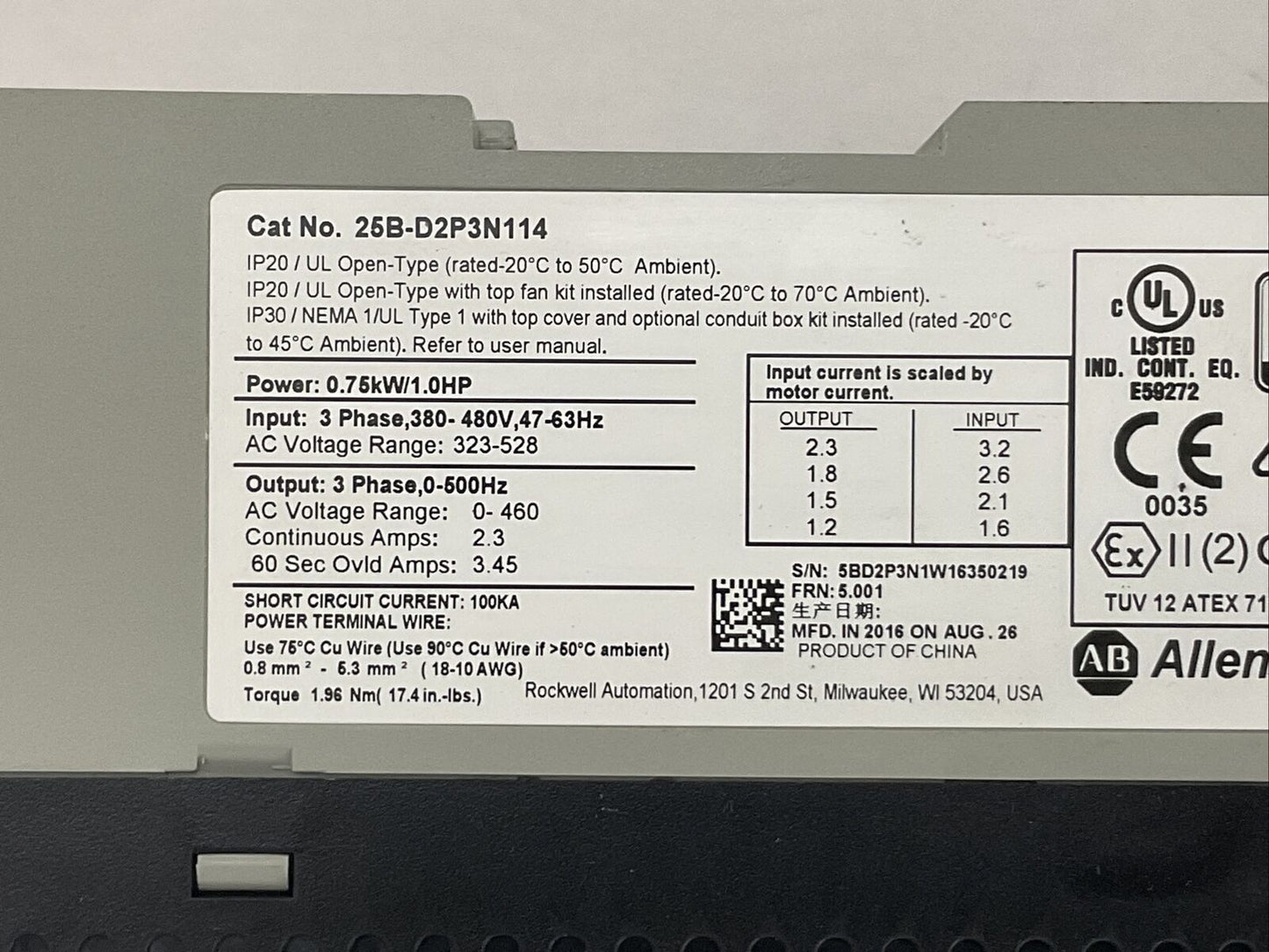 ALLEN BRADLEY 25B-D2P3N114 AC DRIVE SER A FRN 5.001 OUTPUT 0-460VAC
