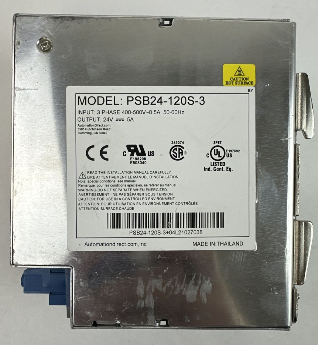 RHINO PSB24-120S-3 INDUSTRIAL POWER SUPPLY OUTPUT 24VDC 5A INPUT 400-500VAC 0.5A