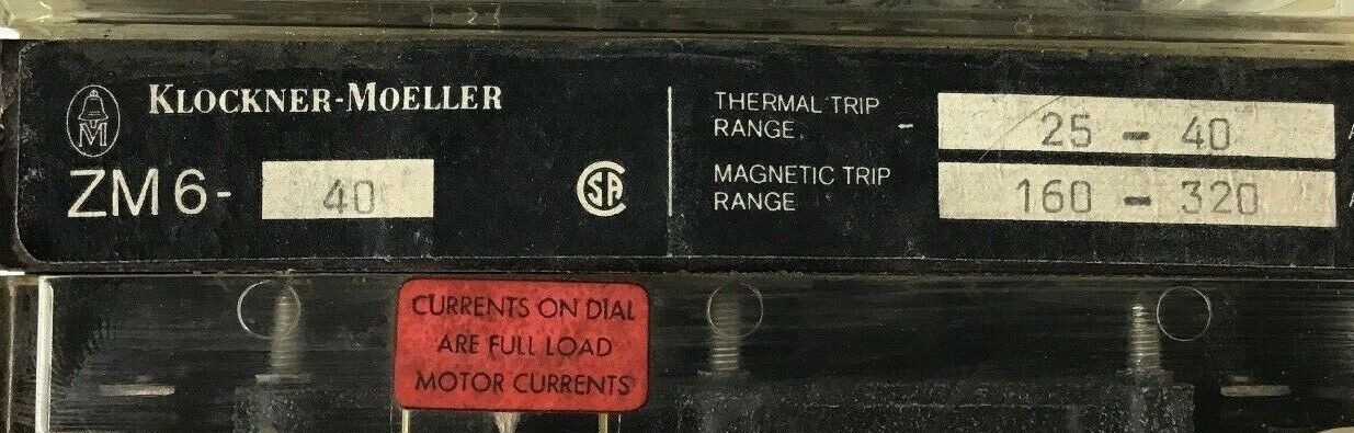 KLOCKNER MOELLER NZMH 6-160 DISCON.SWITCH W/TRIP ZM6-40 THERM. 25-40A