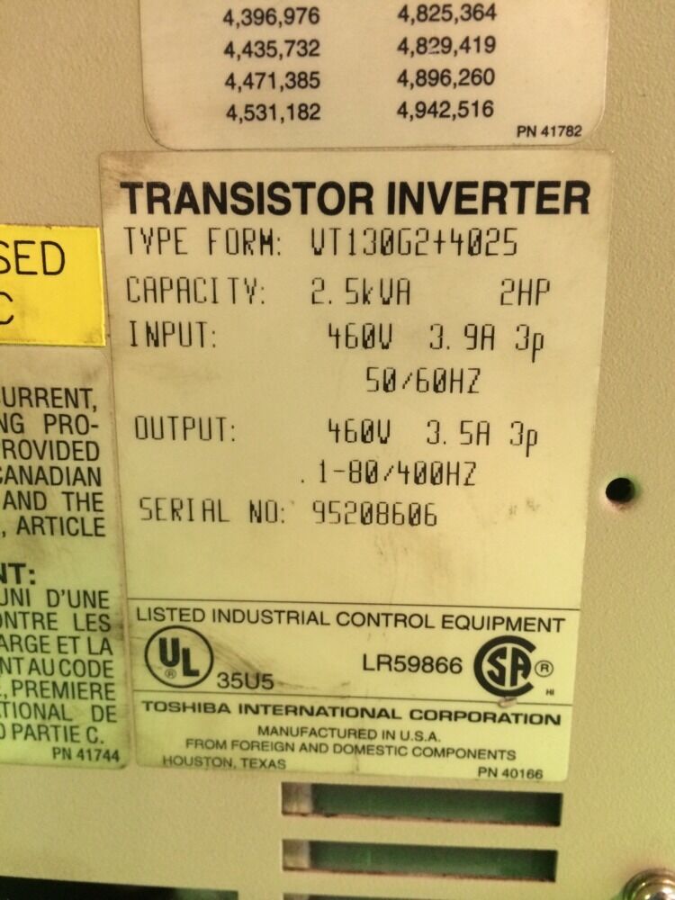 TOSHIBA TOSVERT VT130G2+4025 TRANSISTOR INVERTER 2HP 460V