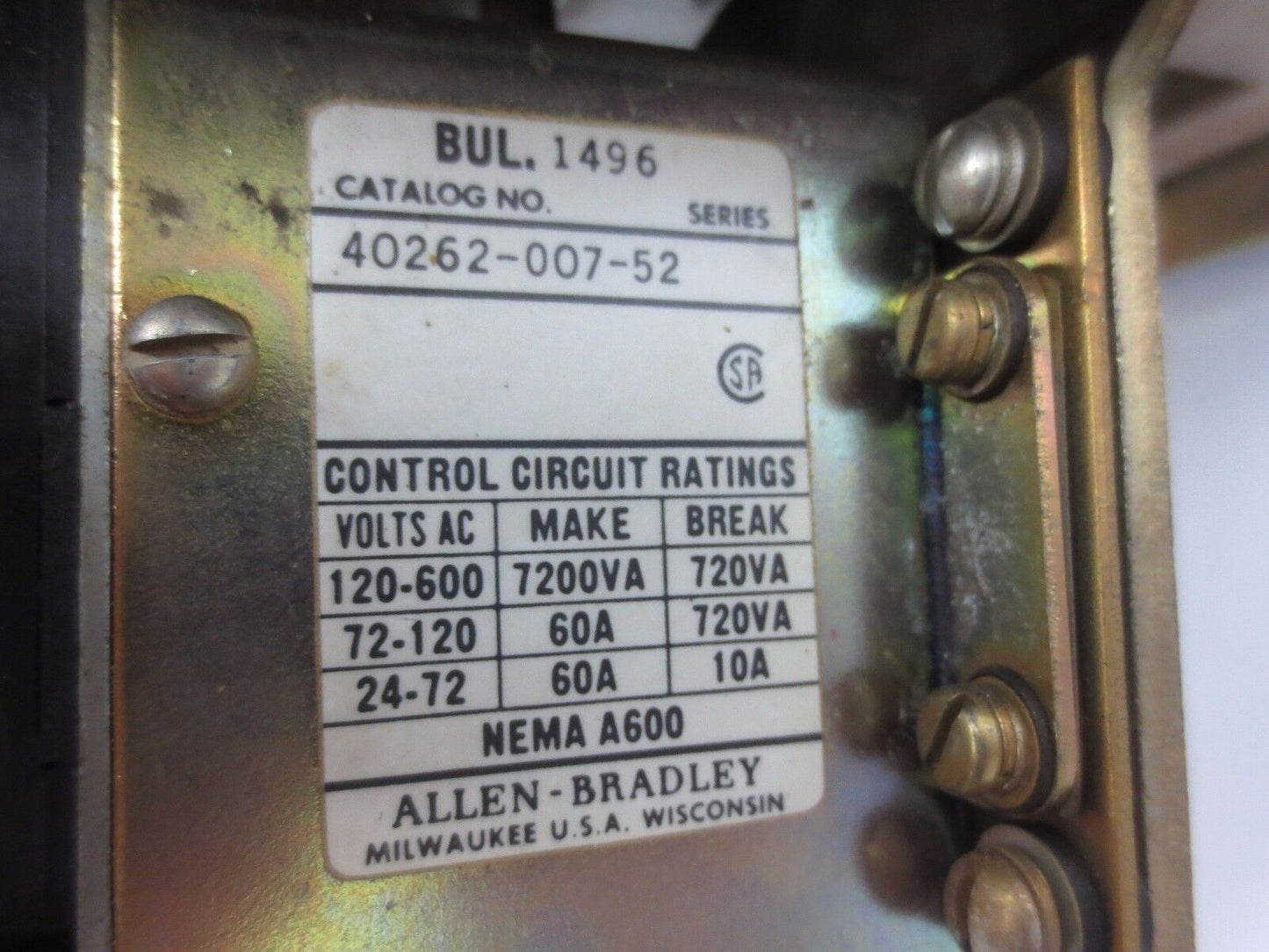 ALLEN-BRADLEY 40451-457-03-0236 SIZE 5 STARTER 270A MAX CONT. 75 to 200 HP