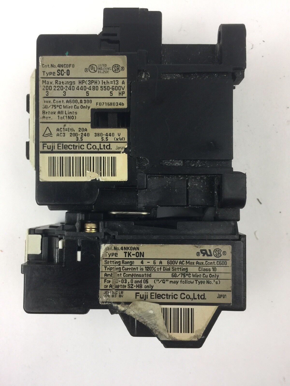 FUJI ELECTRIC 4NC0F0 TYPE SC-0 CONTACTOR 4NK0AN TYPE TK-0N OVERLOAD RELAY