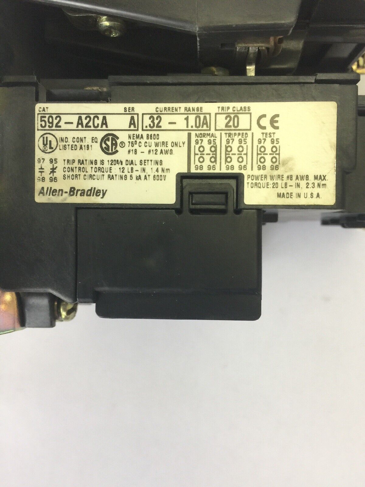 ALLEN BRADLEY 509-B0D-A2C SIZE 1 STARTER SER B 600VAC 27A 10HP 592-A2CA 595-A