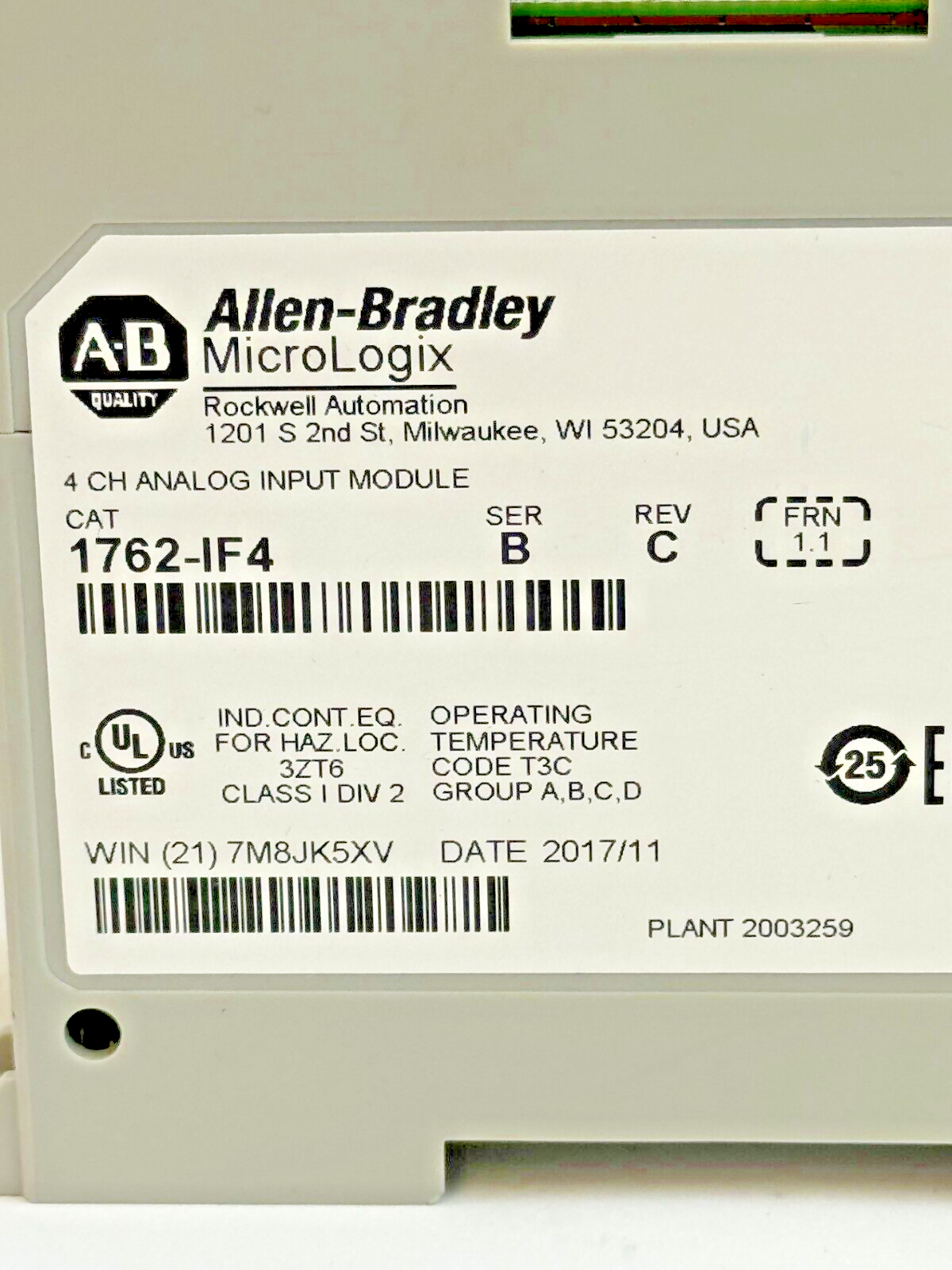 ALLEN-BRADLEY - 1762-IF4 SER. B REV. FRN. 1.1 - MICROLOGIX 4 CH ANALOG INPUT MOD