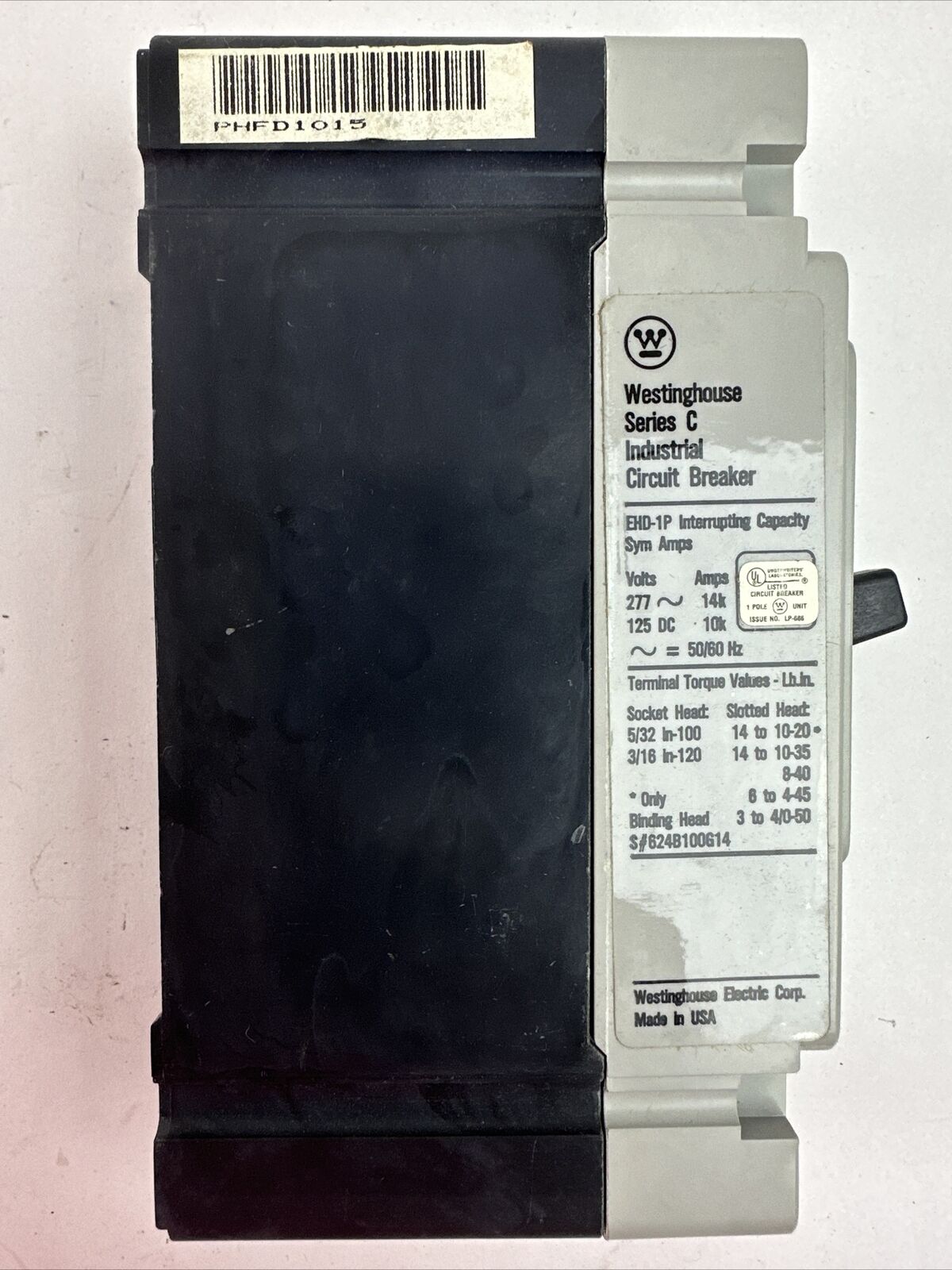WESTINGHOUSE EHD1015 SER C IDUSTRIAL CIRCUIT BREAKER 15AMP 1POLE 277VAC 125VDC