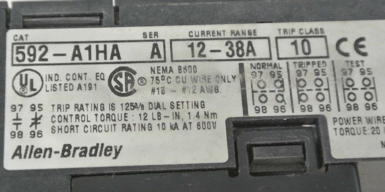 ALLEN-BRADLEY 592-A1HA Ser. A - OVERLOAD RELAY - 12-38A - SIZES 0 & 1 - 3-PHASE