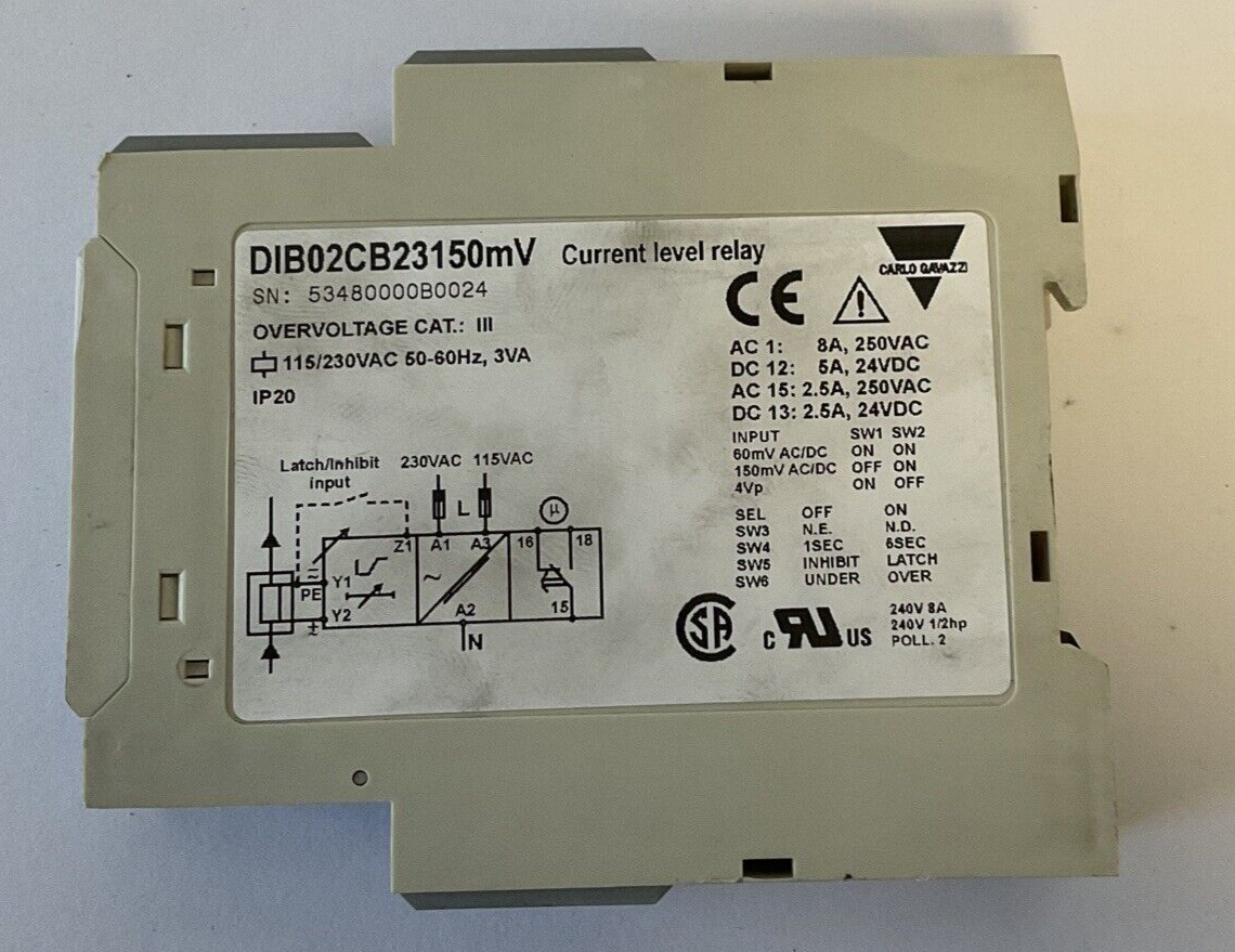 CARLO GAVAZZI DIB02CB23150MV CURRENT LEVEL RELAY 115/230VAC 50/60HZ 3VA