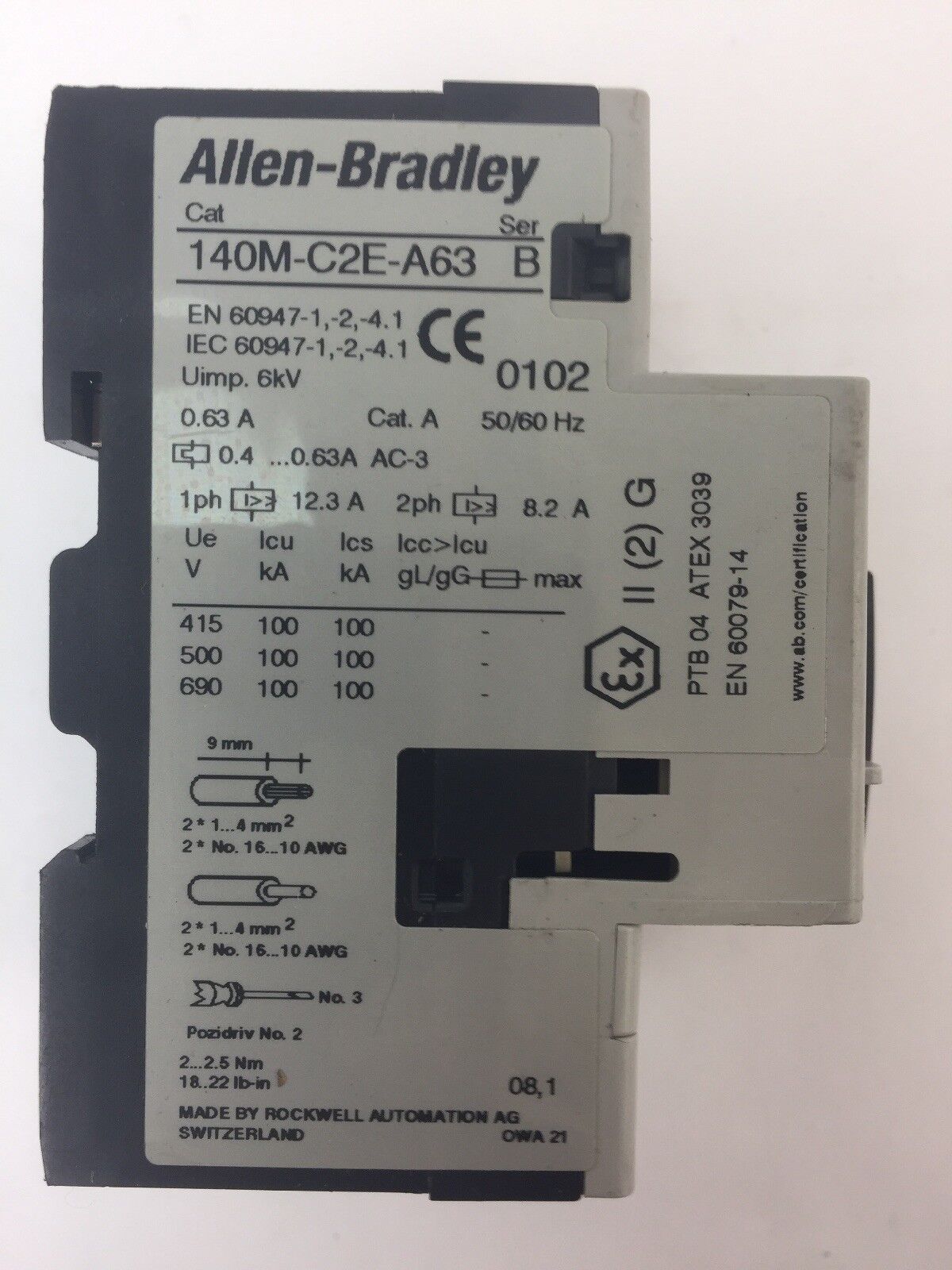 ALLEN BRADLEY 140M-C2E-A63 MOTOR PROTECTOR CIRCUIT BREAKER 0.4-0.63A SER B