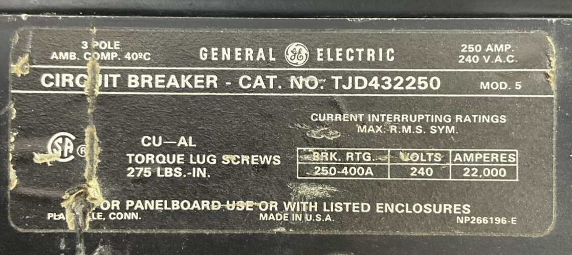 GE TJD432250 MOD 5 CIRCUIT BREAKER 250AMP 240VAC 3POLE
