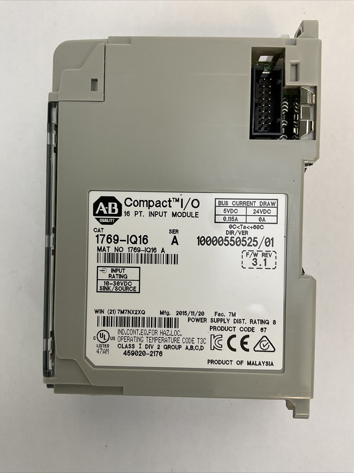 ALLEN BRADLEY 1769-IQ16 SER A DIR/VER 10000550525/01 F/W REV 3.1 COMPACT I/O