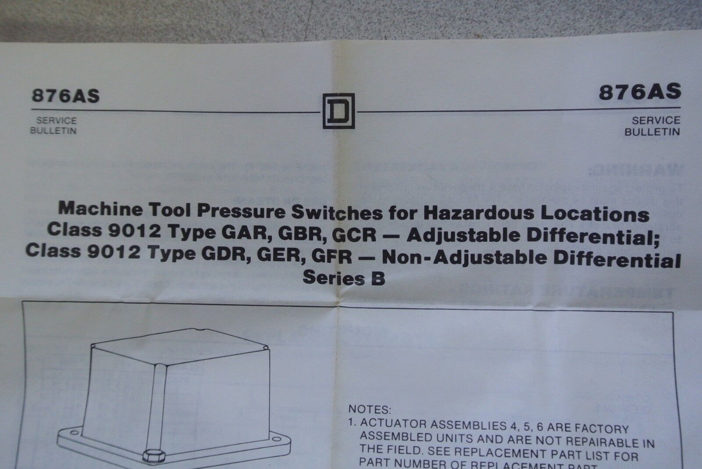 SQUARE D 9012 GAR26 MACHINE TOOL PRESSURE SWITCH, TYPE G - NEW SURPLUS