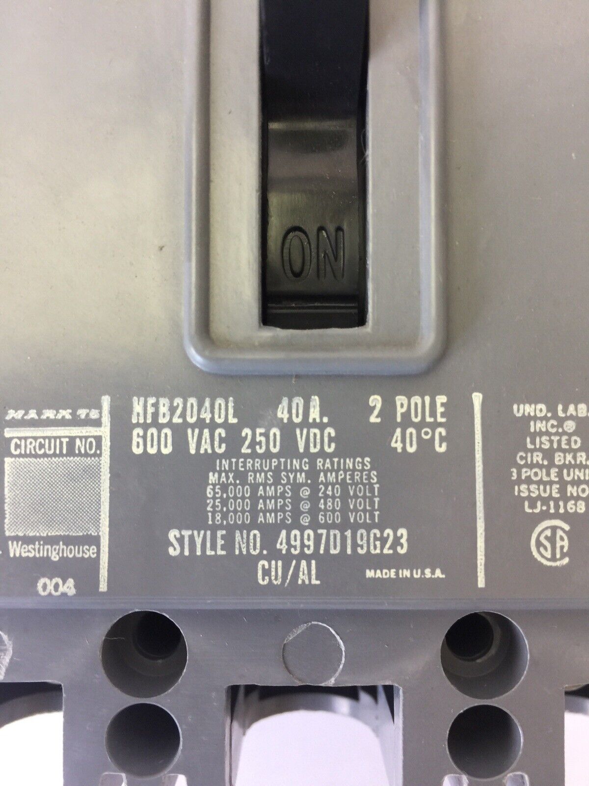 WESTINGHOUSE HFB2040L CIRCUIT BREAKER 40AMP 600VAC 250VDC 2POLE 4997D19G23