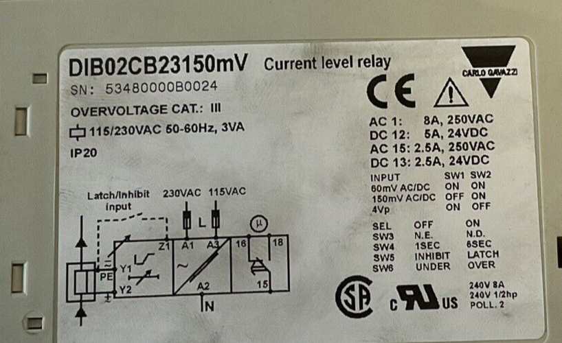 CARLO GAVAZZI DIB02CB23150MV CURRENT LEVEL RELAY 115/230VAC 50/60HZ 3VA