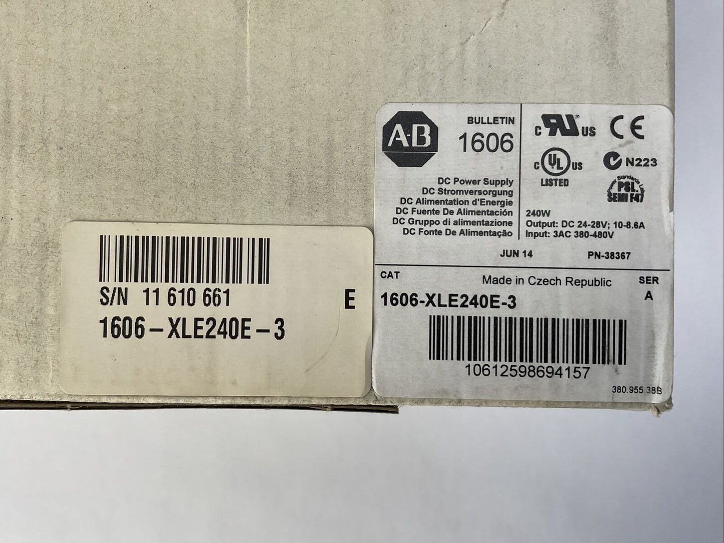 ALLEN BRADLEY 1606-XLE240E-3 DC POWER SUPPLY SER A OUTPUT 24-28VDC 10-8.6A