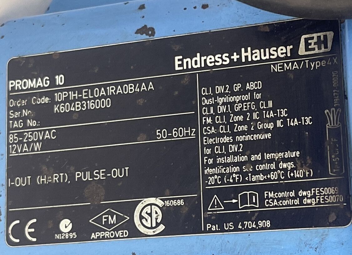 ENDRESS+HAUSER 10P1H-EL0A1RA0BAA ELECTROMAGNETIC FLOW METER 85-250VAC TYPE 4X