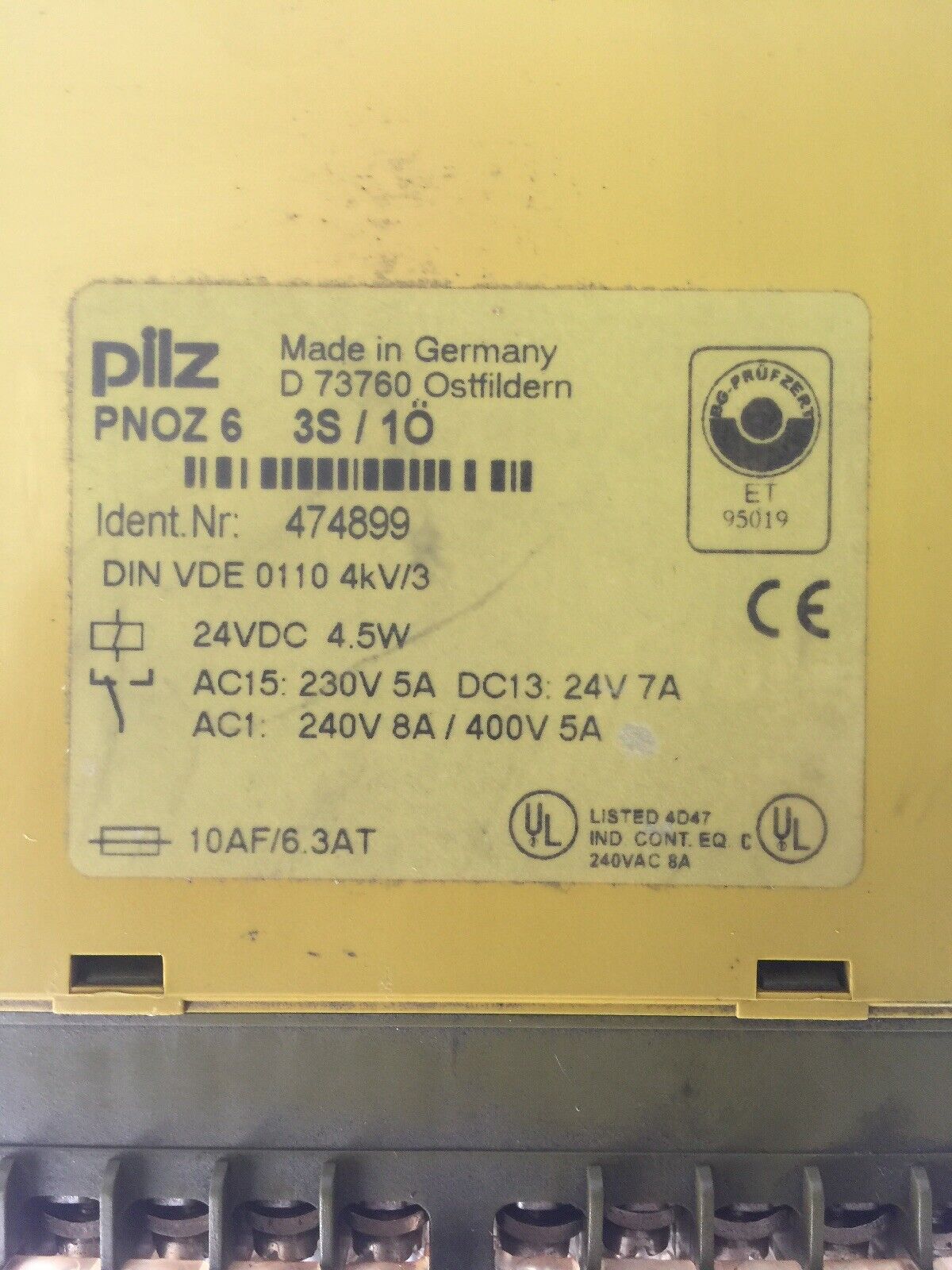 PILZ PNOZ 6 3S/1O SAFETY RELAY 24VDC 4.5W