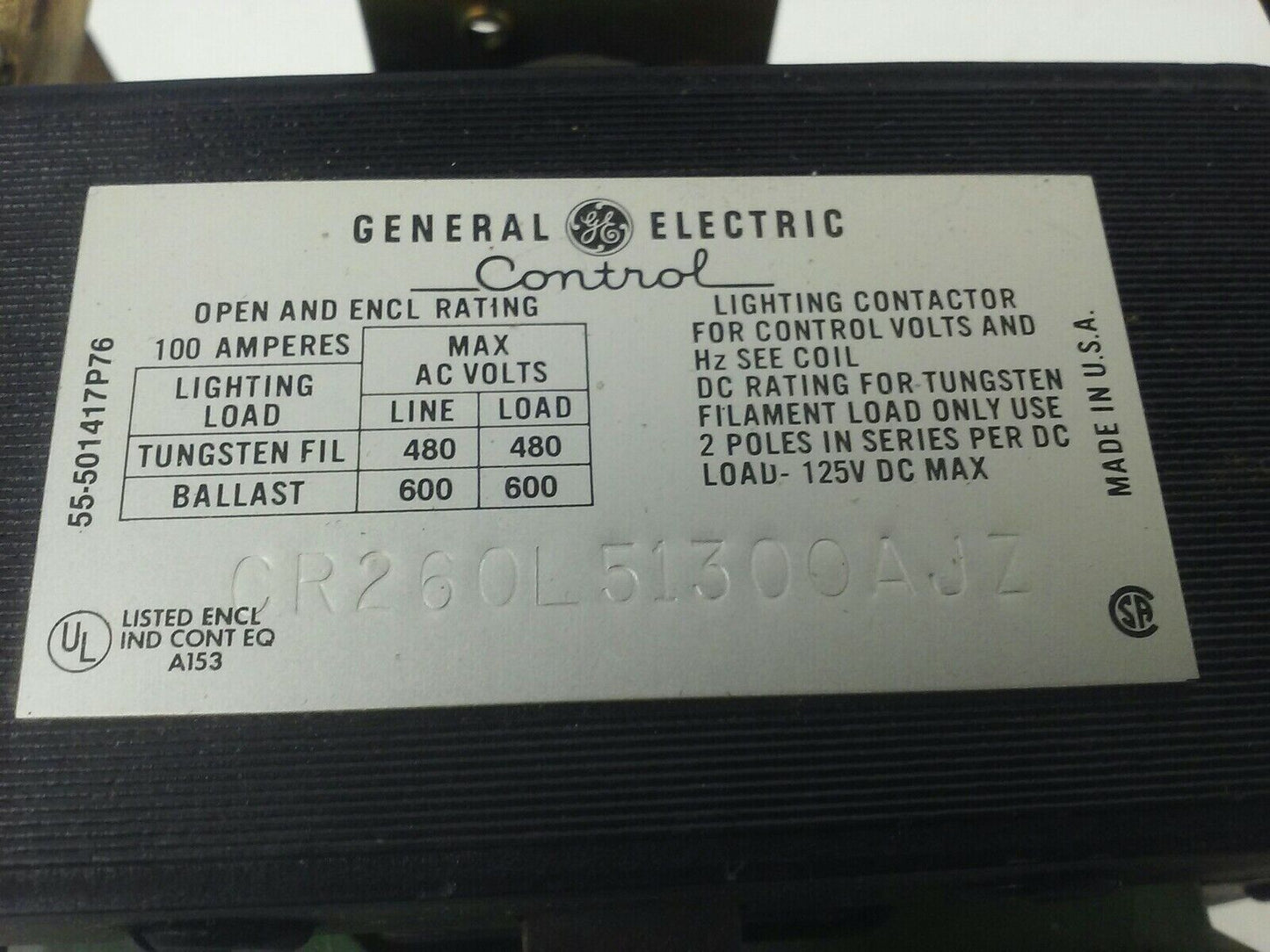 GE CR260L51300AJZ LIGHTING CONTACTOR AUTO OFF ON 100A 600V 120V COIL