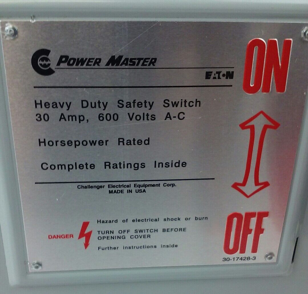 POWERMASTER EATON H361NFK HEAVYDUTY SAFETY SWITCH,30A,600V, 3P, NON FUSIBLE