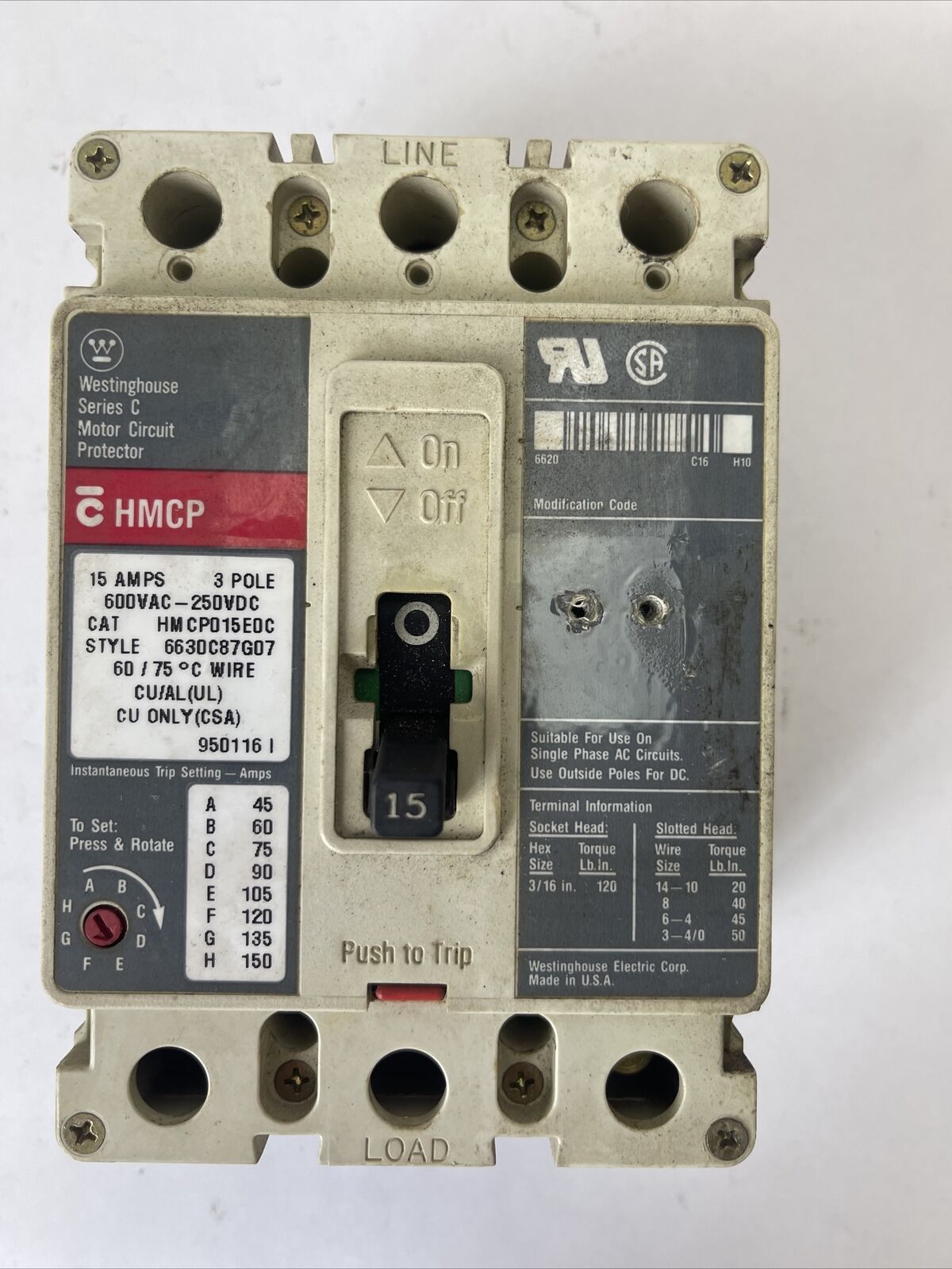 WESTINGHOUSE HMCP015E0C SER C MOTOR CIRCUIT PROTECTOR 15AMP 600VAC 250VDC 3POLE