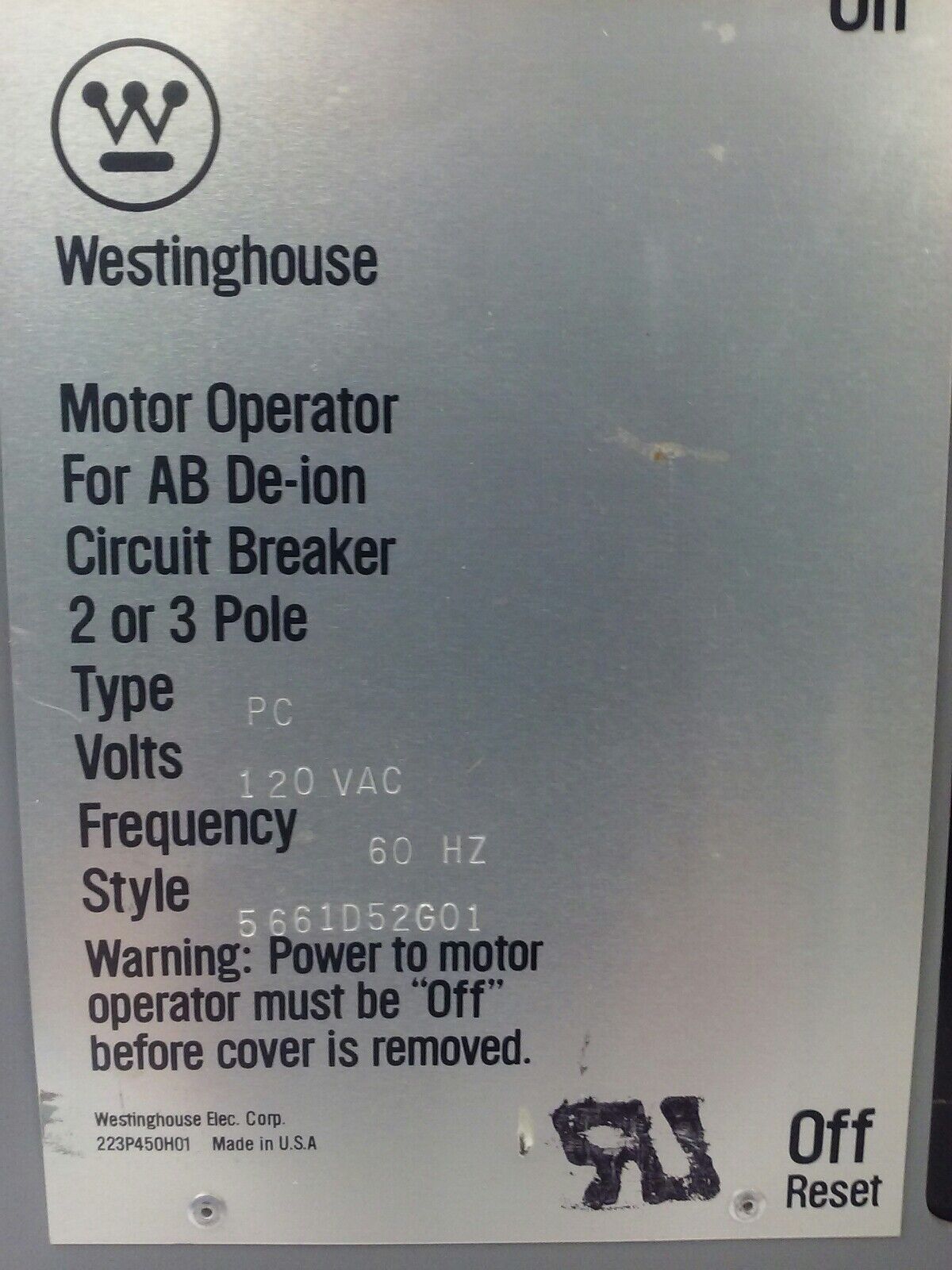 WESTINGHOUSE PC32000FM 3P 600V, MOTOR OPERATER 5661D52G01 TYPE PC 120V 2P OR 3P
