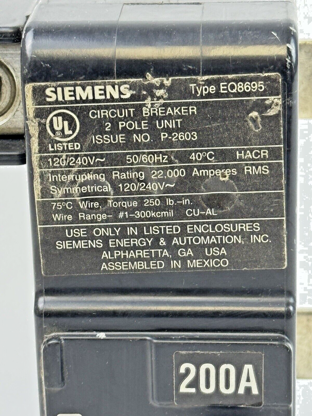 SIEMENS - EQ8695 - MAIN CIRCUIT BREAKER - 200 A/2 POLE/240 VAC