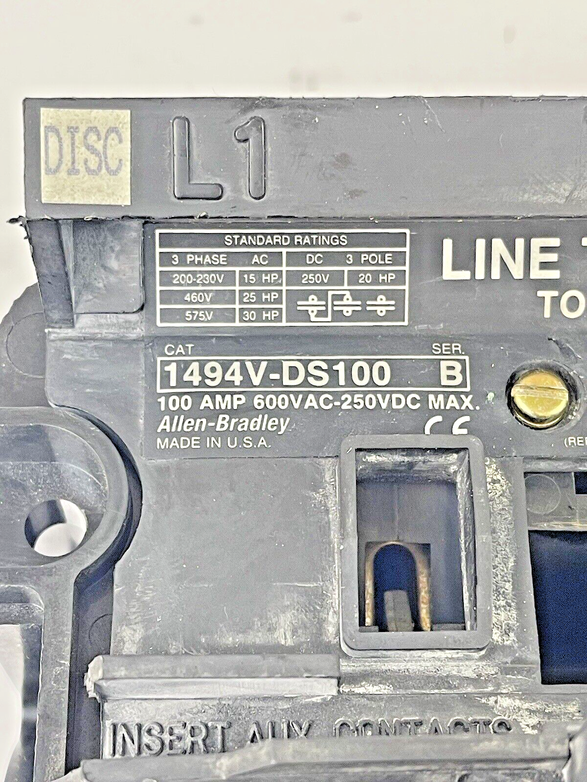 ALLEN BRADLEY-1494V-DS100 SER. B-DISCONNECT SWITCH-1494V-FS100 BLOCK **SEE COND.