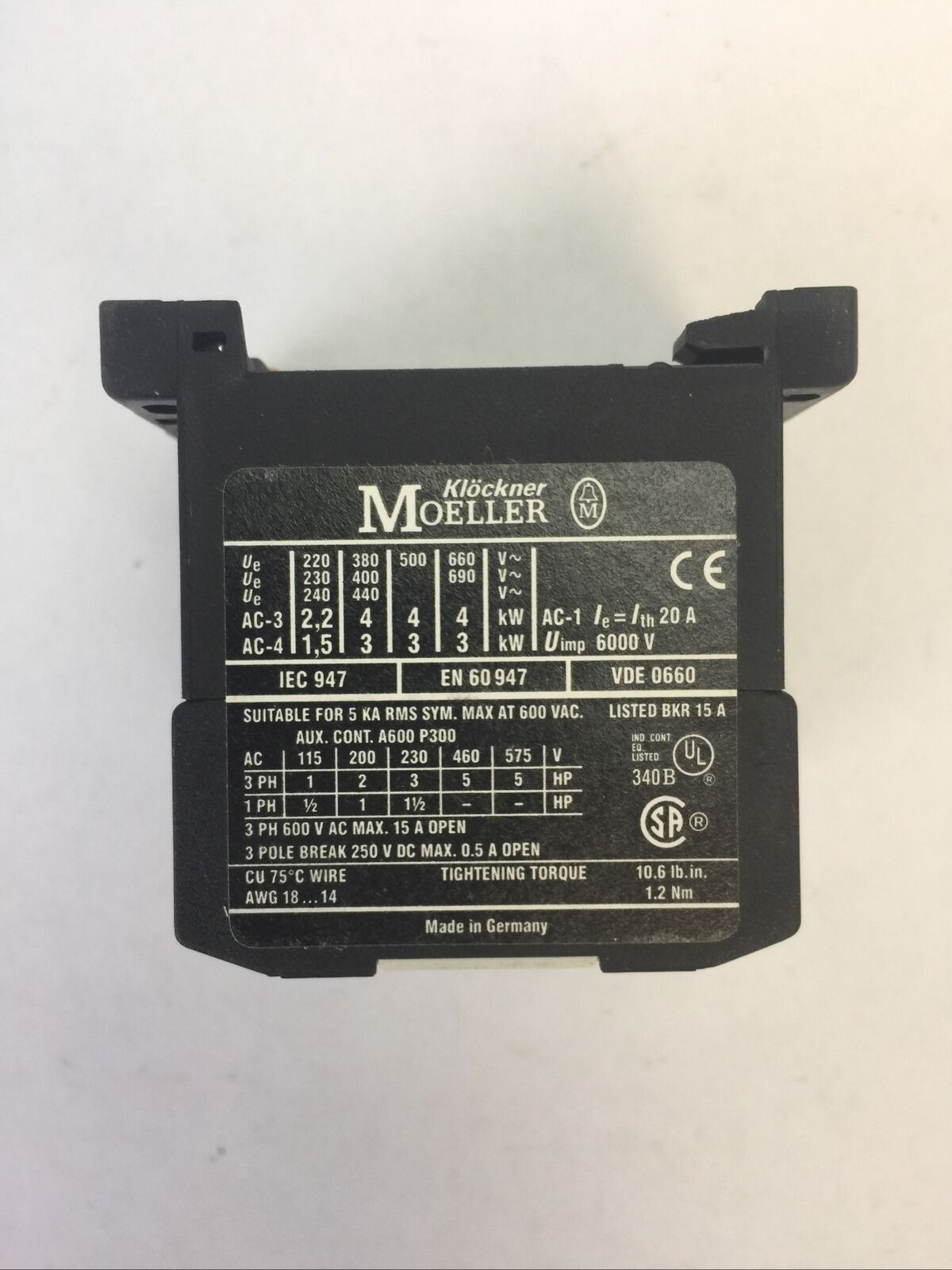 KLOCKNER MOELLER DIL EM-10 CONTACTOR 600VAC 15A 3PH 5HP